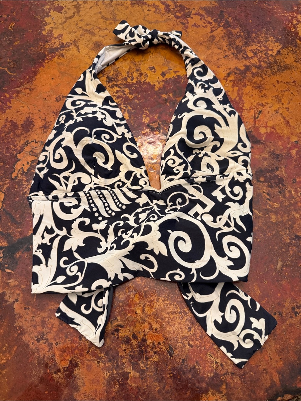 Tara Grinna Fixed Band Cup Halter Top in Gray Scroll size C (style RA-169)